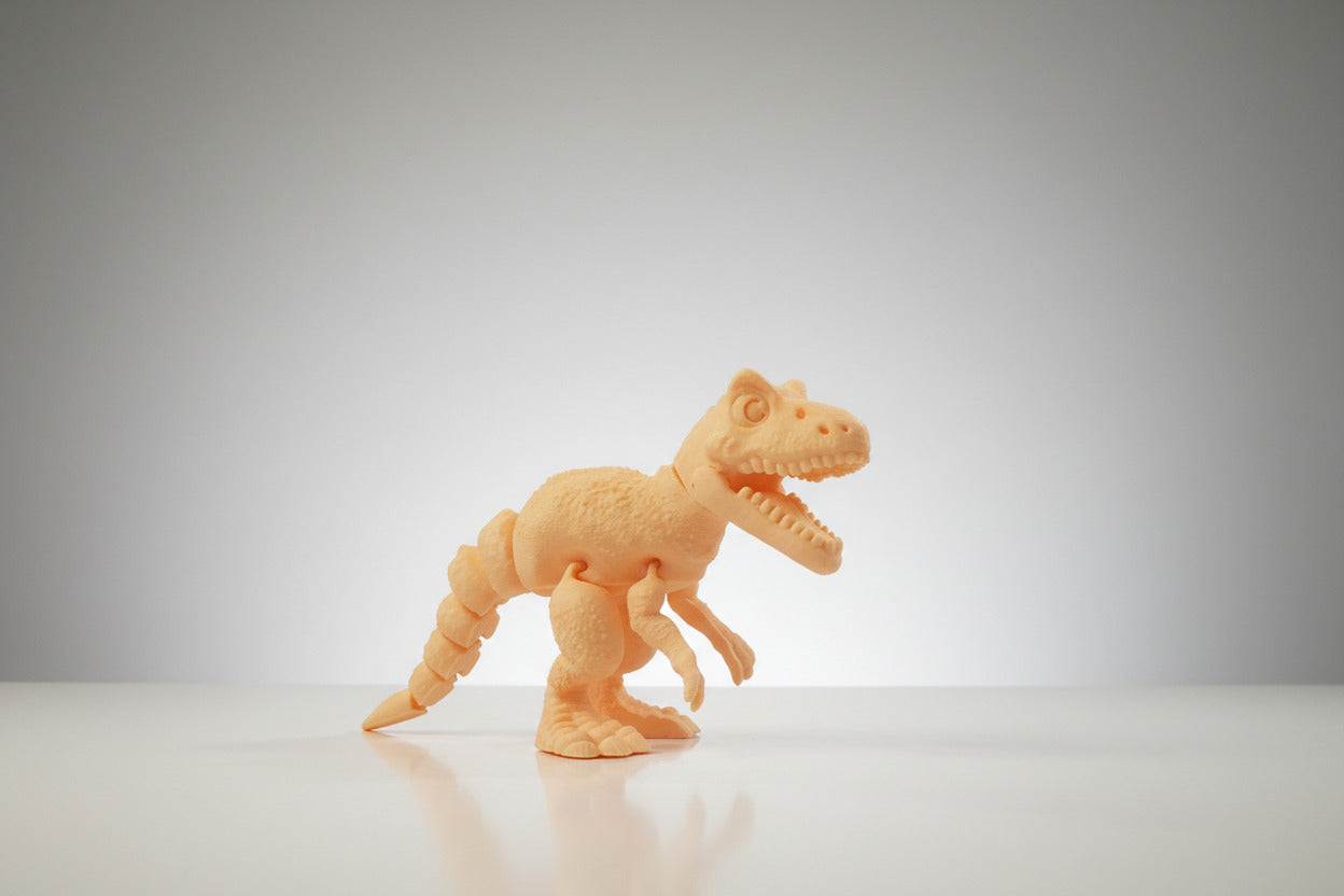 Orange dinosaur toy on a white surface with a gray background