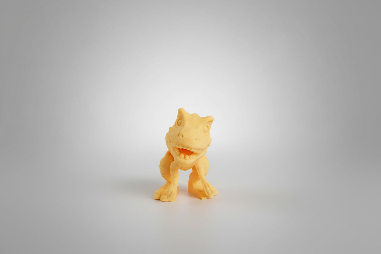 Orange dinosaur toy on a white surface with a gray background